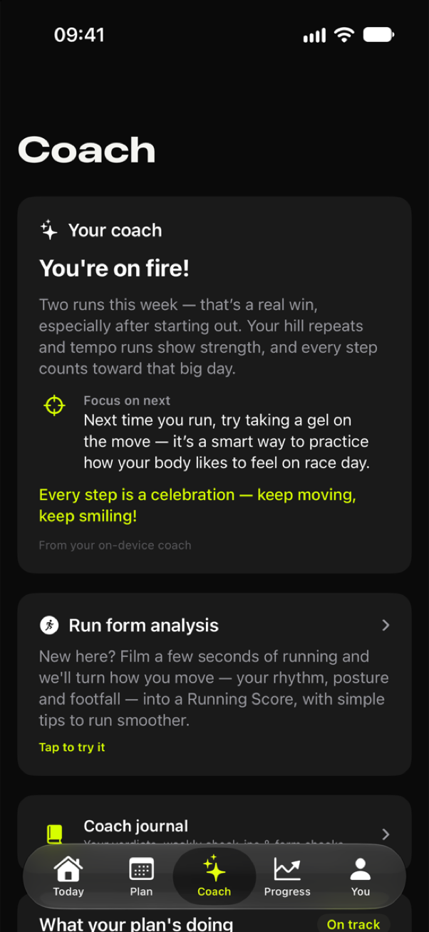 Taper's Coach screen: a plain-English read on your recent training