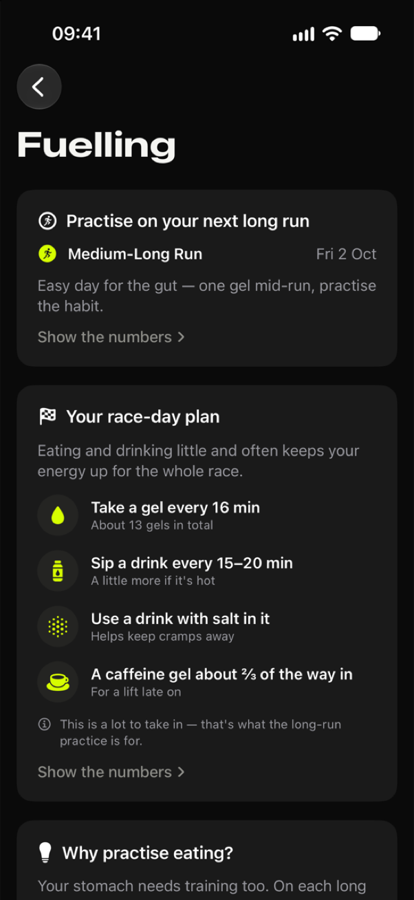 Taper's Fuelling screen: practise on your next long run, and your race-day plan