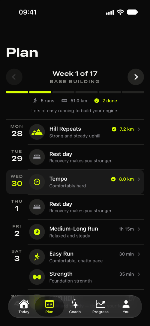 Taper's Plan screen: this week's sessions, day by day