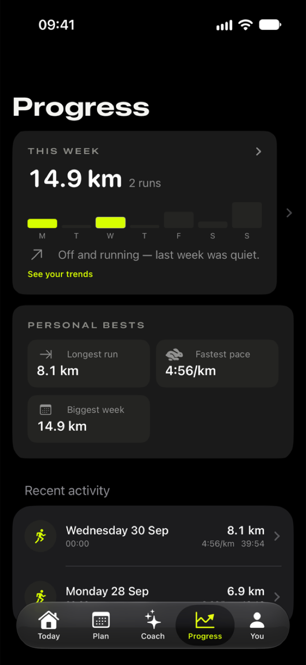 Taper's Progress screen: this week's distance and your personal bests