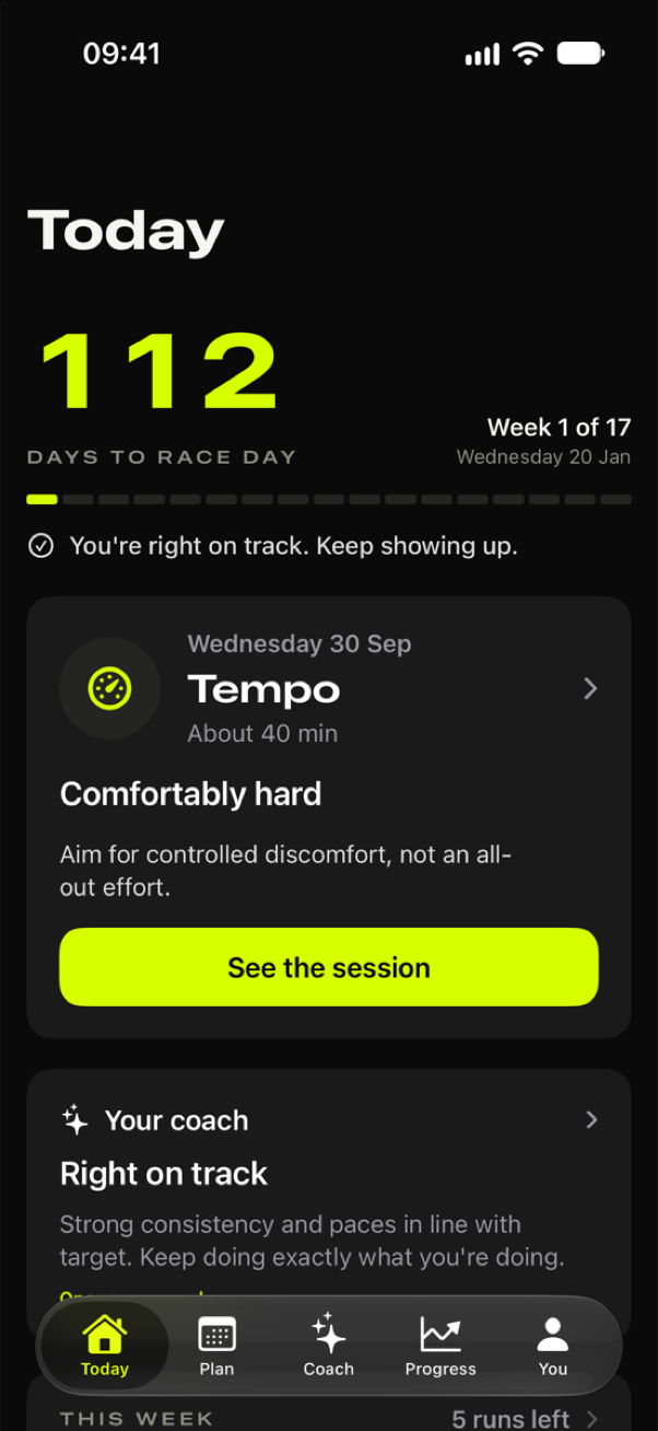 Taper's Today screen: days to race day, today's tempo session and a note from your coach